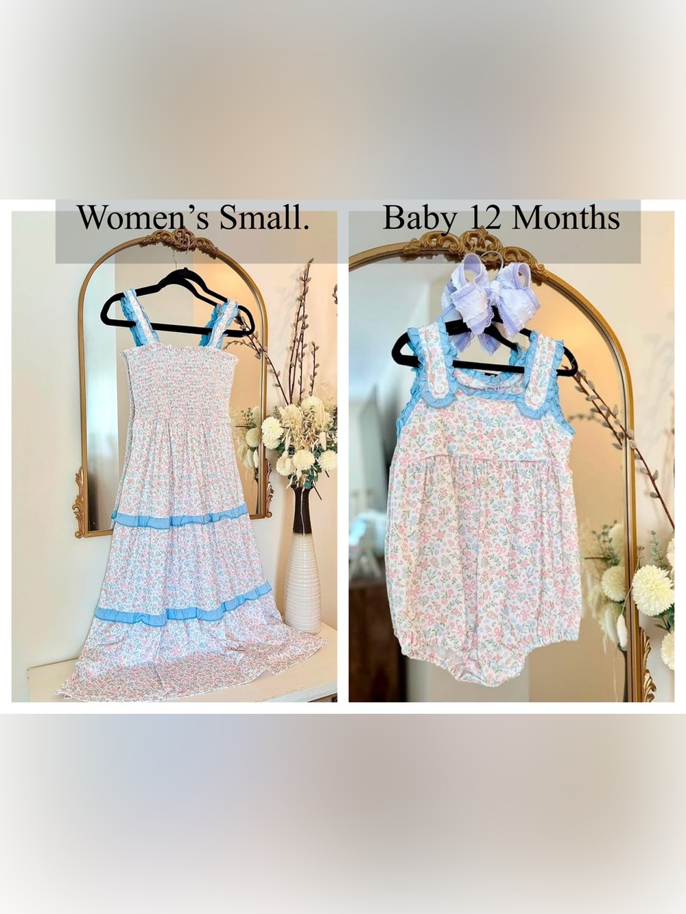 Women’s Small Floral Midi Dress with Blue Trim & Matching Baby